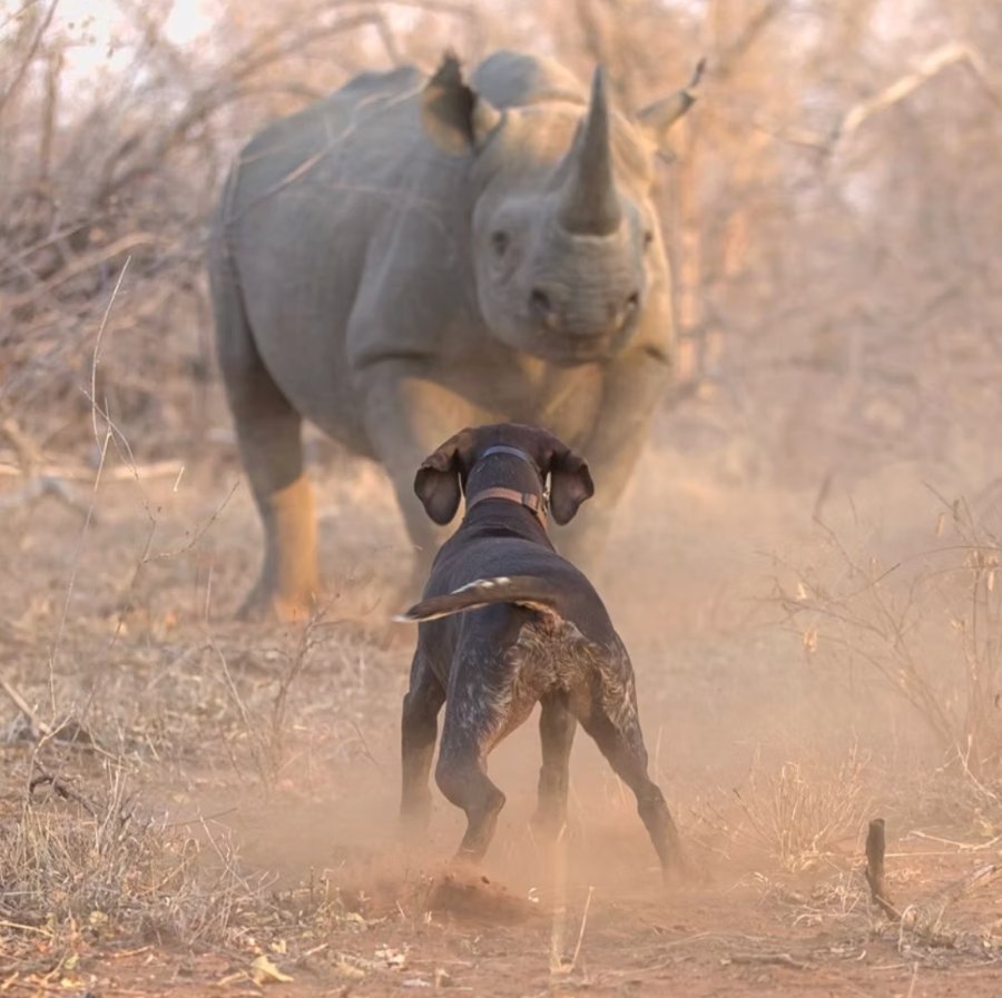 A dog holds a charging rhino at bay
